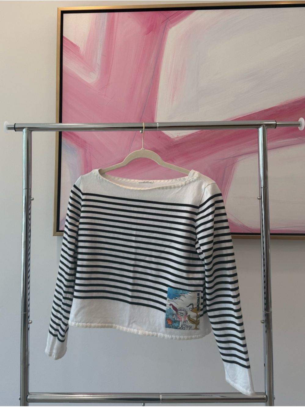 Zimmermann Black and White Striped Long-Sleeve Top with Pocket Art, size s